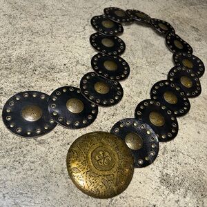 Bohemian brown and old gold moroccan disk belt y2k faux leather and metal belt